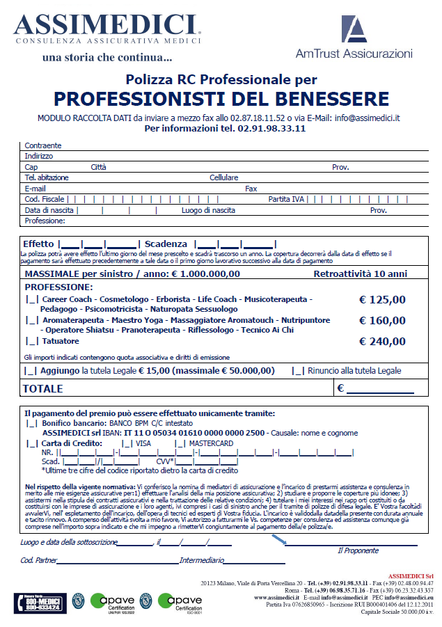 Modulo di adesione per polizza RC Professionisti del Beenessere